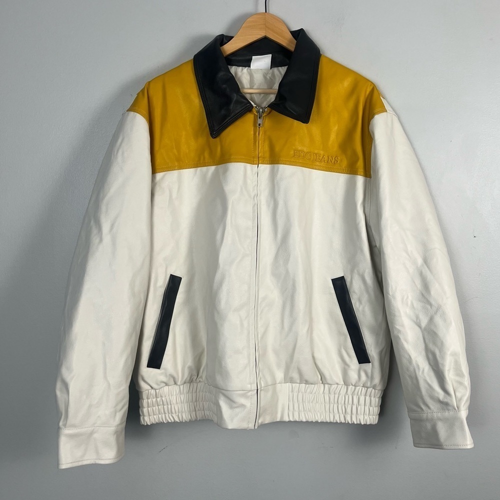 Bdg Faux leather White and yellow oversize bomber jacket size large - Picture 1 of 5